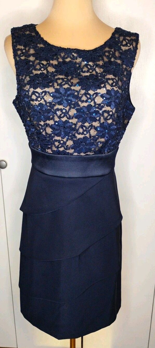 Connected Apparel Navy Lace Sequin Sheath Dress Sz 6 Sleeveless Zip Lined